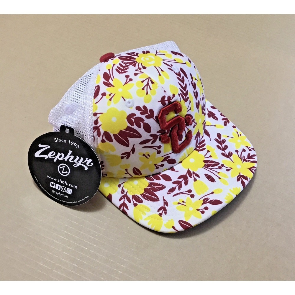 Zephyr‎ USC Trojans Adjustable Trucker Yellow Red Floral Print Zephyr Hat NWT